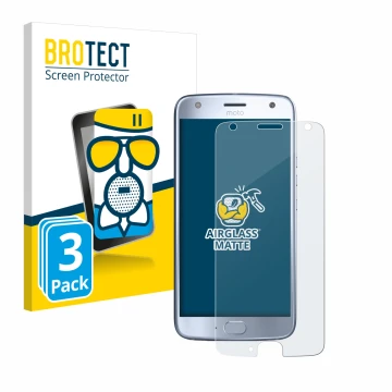 Front side of a product packaging with the brand logo BROTECT. Next to it is the device Motorola Moto X4 shown with the corres