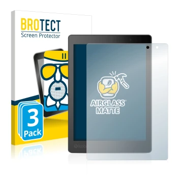 Front side of a product packaging with the brand logo BROTECT. Next to it is the device Kobo Aura One shown with the correspon