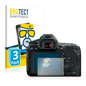Front side of a product packaging with the brand logo BROTECT. Next to it is the device Canon EOS 6D Mark II shown with the co