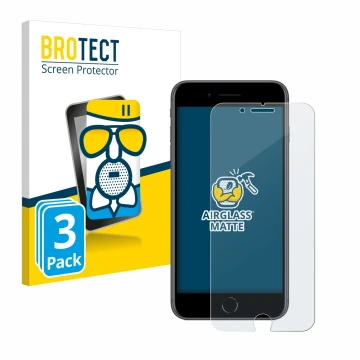 Front side of a product packaging with the brand logo BROTECT. Next to it is the device Apple iPhone 8 Plus shown with the cor