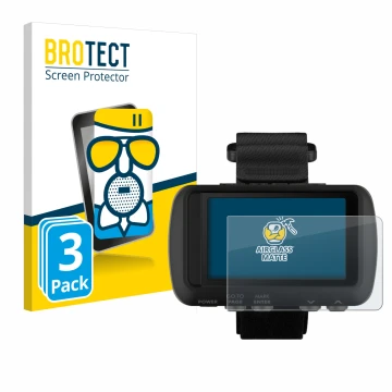 Front side of a product packaging with the brand logo BROTECT. Next to it is the device Garmin Foretrex 601 shown with the cor