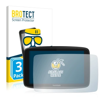 Front side of a product packaging with the brand logo BROTECT. Next to it is the device TomTom GO 6250 shown with the correspo