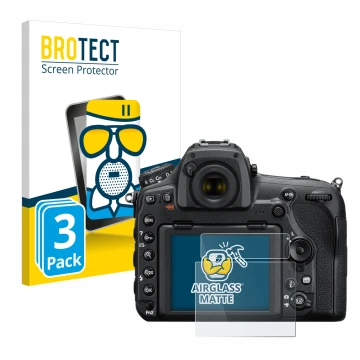 Front side of a product packaging with the brand logo BROTECT. Next to it is the device Nikon D850 shown with the correspondin