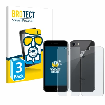 Front side of a product packaging with the brand logo BROTECT. Next to it is the device Apple iPhone 8 (Front+Back) shown with