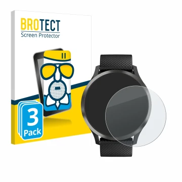 Front side of a product packaging with the brand logo BROTECT. Next to it is the device Garmin vivomove HR shown with the corr