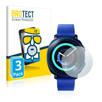 Front side of a product packaging with the brand logo BROTECT. Next to it is the device Samsung Gear Sport shown with the corr