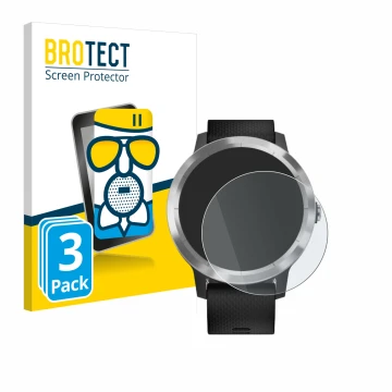 Front side of a product packaging with the brand logo BROTECT. Next to it is the device Garmin vivoactive 3 shown with the cor