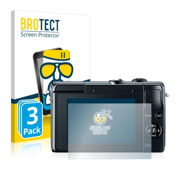 Front side of a product packaging with the brand logo BROTECT. Next to it is the device Canon EOS M100 shown with the correspo