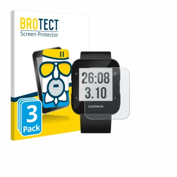 Front side of a product packaging with the brand logo BROTECT. Next to it is the device Garmin Forerunner 30 shown with the co