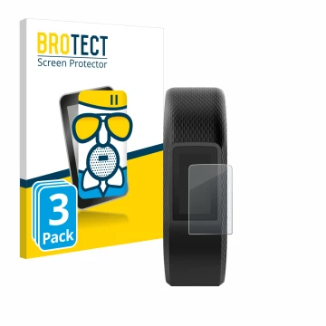 Front side of a product packaging with the brand logo BROTECT. Next to it is the device Garmin Vivosport shown with the corres