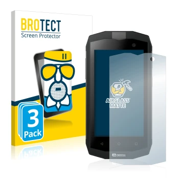 Front side of a product packaging with the brand logo BROTECT. Next to it is the device Crosscall Trekker M1 shown with the co