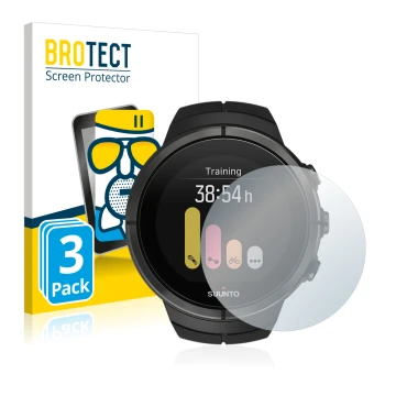 Front side of a product packaging with the brand logo BROTECT. Next to it is the device Suunto Spartan Ultra shown with the co