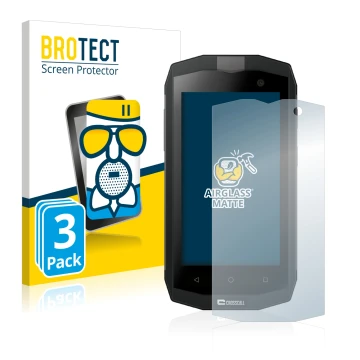 Front side of a product packaging with the brand logo BROTECT. Next to it is the device Crosscall Trekker M1 Core shown with t