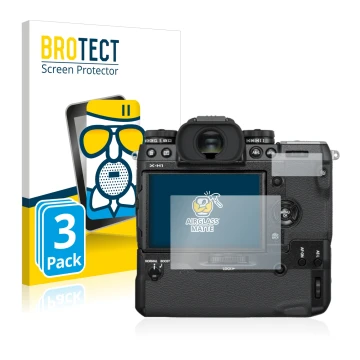 Front side of a product packaging with the brand logo BROTECT. Next to it is the device Fujifilm X-H1 shown with the correspon