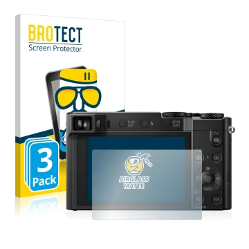 Front side of a product packaging with the brand logo BROTECT. Next to it is the device Panasonic Lumix DMC-TZ100 shown with t