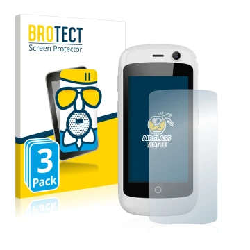 Front side of a product packaging with the brand logo BROTECT. Next to it is the device Unihertz Jelly Pro shown with the corr