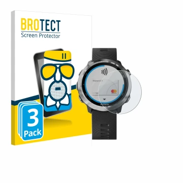 Front side of a product packaging with the brand logo BROTECT. Next to it is the device Garmin Forerunner 645 shown with the c