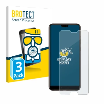 Front side of a product packaging with the brand logo BROTECT. Next to it is the device Huawei P20 shown with the correspondin