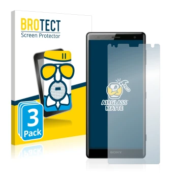 Front side of a product packaging with the brand logo BROTECT. Next to it is the device Sony Xperia XZ2 shown with the corresp