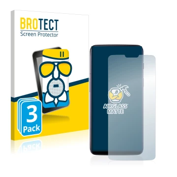 Front side of a product packaging with the brand logo BROTECT. Next to it is the device OnePlus 6 shown with the corresponding