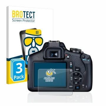 Front side of a product packaging with the brand logo BROTECT. Next to it is the device Canon EOS 2000D shown with the corresp
