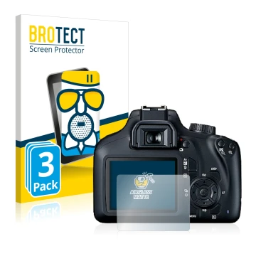 Front side of a product packaging with the brand logo BROTECT. Next to it is the device Canon EOS 4000D shown with the corresp