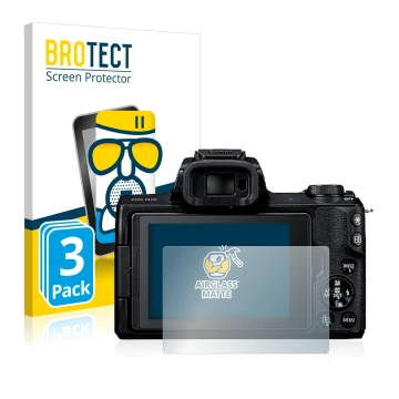 Front side of a product packaging with the brand logo BROTECT. Next to it is the device Canon EOS M50 shown with the correspon