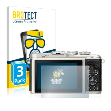 Front side of a product packaging with the brand logo BROTECT. Next to it is the device Olympus PEN E-PL9 shown with the corre