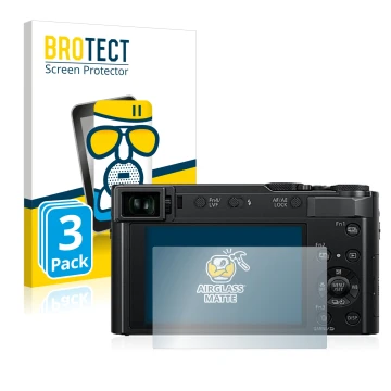 Front side of a product packaging with the brand logo BROTECT. Next to it is the device Panasonic Lumix DC-TZ202 shown with th