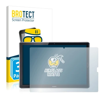Front side of a product packaging with the brand logo BROTECT. Next to it is the device Huawei MediaPad M5 10.8 shown with the