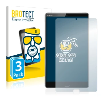 Front side of a product packaging with the brand logo BROTECT. Next to it is the device Huawei MediaPad M5 8.4 shown with the 