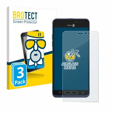 Front side of a product packaging with the brand logo BROTECT. Next to it is the device Doro 8035 shown with the corresponding