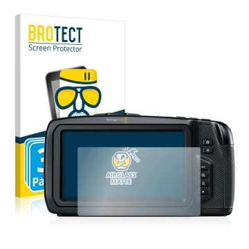 Front side of a product packaging with the brand logo BROTECT. Next to it is the device Blackmagic Pocket Cinema Camera 4K sho