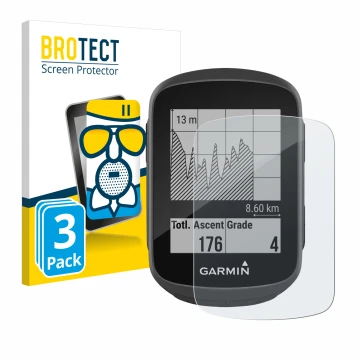 Front side of a product packaging with the brand logo BROTECT. Next to it is the device Garmin Edge 130 shown with the corresp