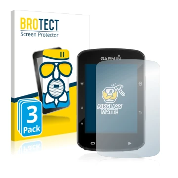 Front side of a product packaging with the brand logo BROTECT. Next to it is the device Garmin Edge 520 Plus shown with the co