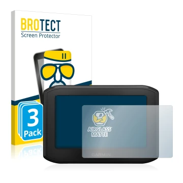 Front side of a product packaging with the brand logo BROTECT. Next to it is the device Garmin zumo 396 LMT-S shown with the c