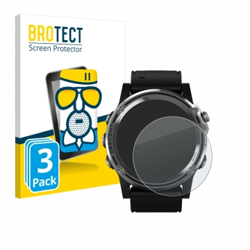 Front side of a product packaging with the brand logo BROTECT. Next to it is the device Garmin Descent Mk1 shown with the corr