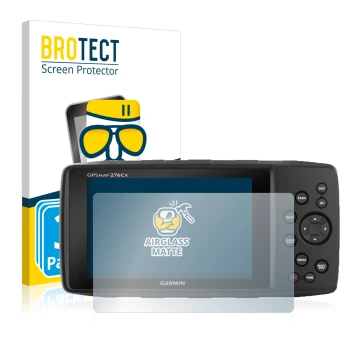 Front side of a product packaging with the brand logo BROTECT. Next to it is the device Garmin GPSMAP 276Cx shown with the cor