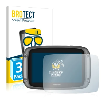 Front side of a product packaging with the brand logo BROTECT. Next to it is the device TomTom Rider 500 shown with the corres