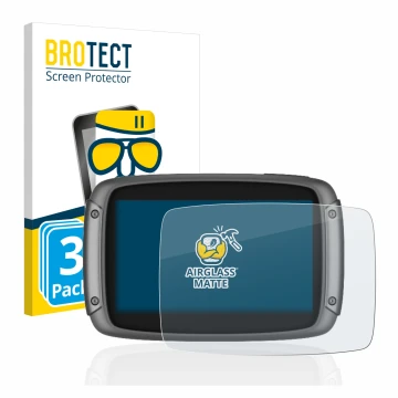 Front side of a product packaging with the brand logo BROTECT. Next to it is the device TomTom Rider 550 shown with the corres
