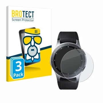 Front side of a product packaging with the brand logo BROTECT. Next to it is the device Samsung Galaxy Watch (46 mm) shown wit