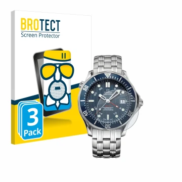 Front side of a product packaging with the brand logo BROTECT. Next to it is the device Omega Seamaster Diver (41 mm) shown wi