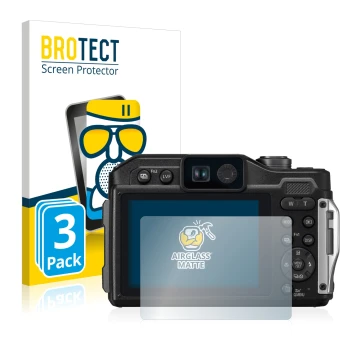 Front side of a product packaging with the brand logo BROTECT. Next to it is the device Panasonic Lumix DC-FT7 shown with the 