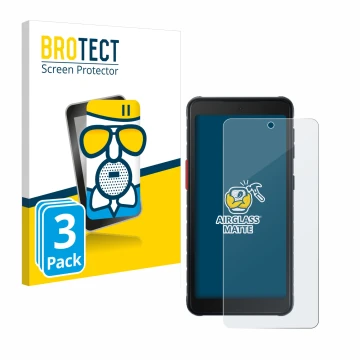 Front side of a product packaging with the brand logo BROTECT. Next to it is the device Samsung Galaxy XCover 5 shown with the