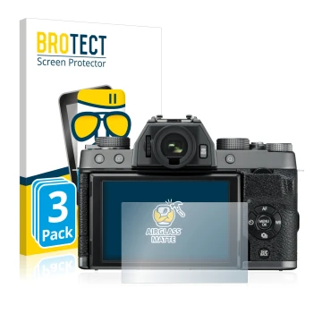 Front side of a product packaging with the brand logo BROTECT. Next to it is the device Fujifilm X-T100 shown with the corresp