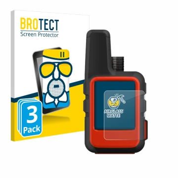 Front side of a product packaging with the brand logo BROTECT. Next to it is the device Garmin inReach Mini shown with the cor