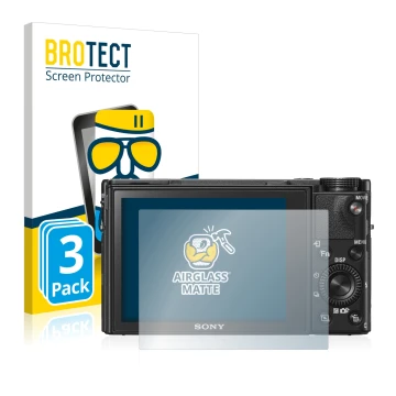 Front side of a product packaging with the brand logo BROTECT. Next to it is the device Sony Cyber-Shot DSC-RX100 VI shown wit