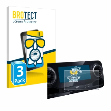 Front side of a product packaging with the brand logo BROTECT. Next to it is the device Mercedes-Benz Sprinter 2018 MBUX 7