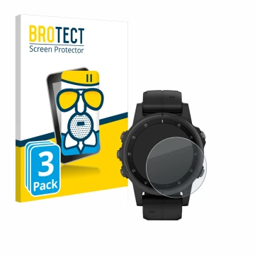Front side of a product packaging with the brand logo BROTECT. Next to it is the device Garmin Fenix 5S Plus (42 mm) shown wit