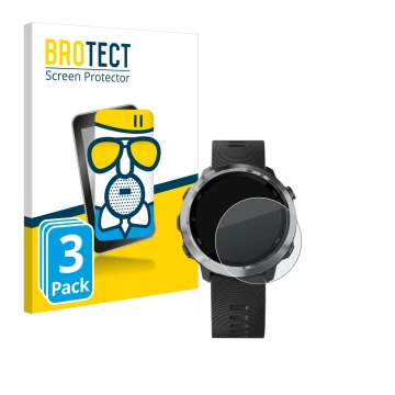 Front side of a product packaging with the brand logo BROTECT. Next to it is the device Garmin Forerunner 645 Music shown with